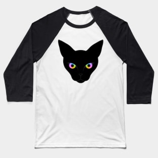 Striking Black Cat Face with Multi Coloured Eyes Baseball T-Shirt